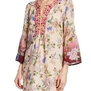 Johnny Was Workshop Floral Tunic Dress Medium Boho Embroidered Ramie Vacation